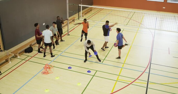 Diverse male team warming up in gym while organizer placing cones, preparing for volleyball drills