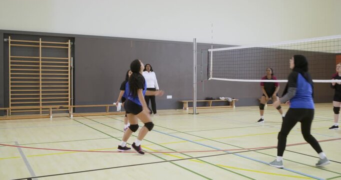 Blue adult women defending then attacking after purple team sending volleyball over net in gym
