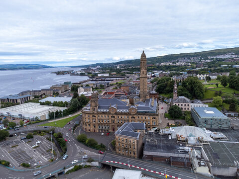 A high-angle view of Greenock town centre in Inverclyde, Scotland, specifically highlighting the Municipal Buildings and the prominent Victoria Tower. 