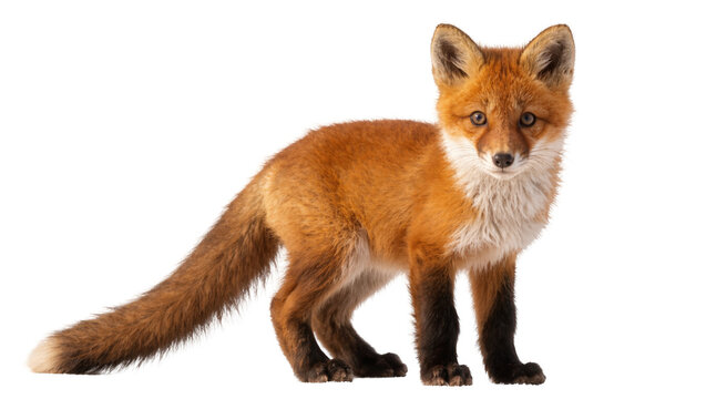 Adorable young red fox kit with fluffy orange fur standing and looking at the camera