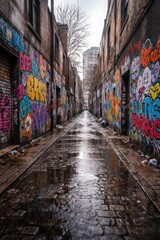Fototapeta premium Wet alleyway with graffiti art on brick walls