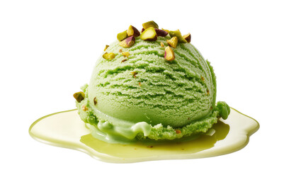 Creamy green pistachio ice cream scoop with chopped nuts melting gently, summer dessert © Natasha