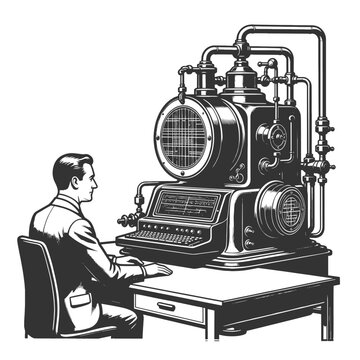 man in suit operating a large vintage industrial machine with pipes and gauges, early technology and innovation sketch engraving generative ai vector illustration. Scratch board. Black and white.