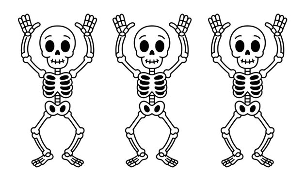 Skeleton icon illustration of three dancing skeletons in black and white