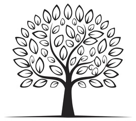 Obraz premium Stylized Tree of Life with Detailed Leaves and Branches, Black and White Graphic Art