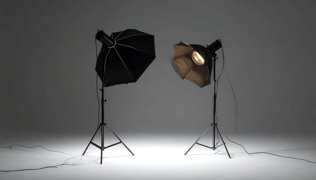 Studio lighting setup with umbrella and softbox stands against grey backdrop