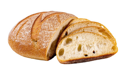 Freshly baked artisanal sourdough bread loaf with a crispy crust, partially sliced for eating