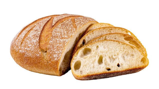 Freshly baked artisanal sourdough bread loaf with a crispy crust, partially sliced for eating