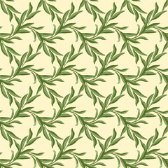 Fototapeta premium Olive tree branch vector seamless pattern. Hand drawn floral grid with green leaf on beige background. Botanical design for italian organic food packaging. Kitchen print for wallpaper and textile.