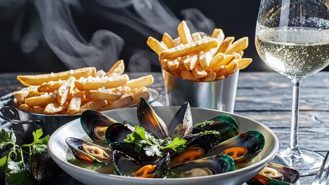 Steaming Hot Mussels and Crispy Fries With White Wine Served on a Wooden Table