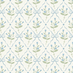 Soft cottagecore seamless pattern with blue flower bouquets and ribbon lattice on cream background. Elegant vintage floral design for fabric, wallpaper, wrapping paper, stationery and home decor proje © Natalya