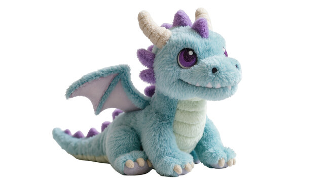 Charming fluffy teal and purple dragon plush toy sitting with big eyes and a sweet smile
