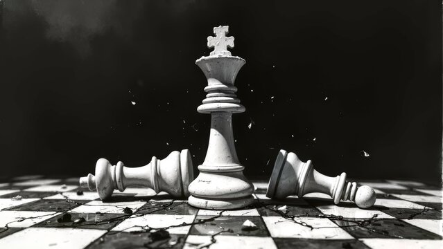 International chess with multiple pieces falling to the ground