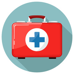 Fototapeta premium A Red First Aid Kit with Blue Cross on a Soft Blue Round Background