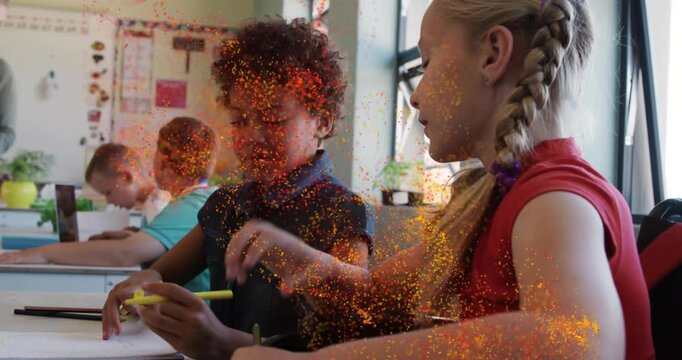 Particles appearing, braided student reaching for yellow pencil, classmates solving worksheet