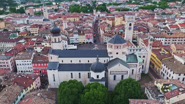 Aerial drone view of Trento Cathedral (Duomo di San Vigilio) in Piazza del Duomo, Trento, Italy.
