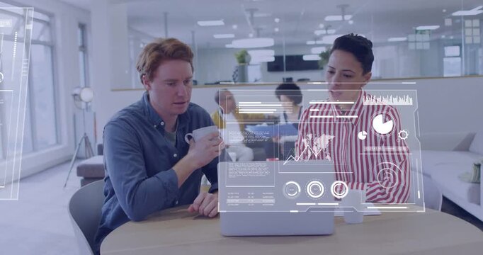 Vertical video: AR overlays animating, man blue shirt, woman red shirt analyzing laptop charts