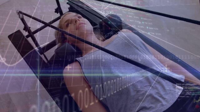 Woman lying supine on therapy bench, camera pulling back showing neck rest, HUD tracking posture