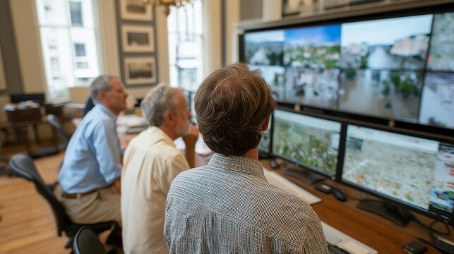 Urban planner reviewing flood plain zoning maps with community members in city hall, historical inundation photos displayed on screens, ideal for disaster preparedness, public engagement, and