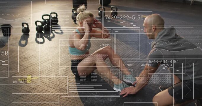 Female participant performing sit-ups after trainer anchoring feet, HUD marking core for fitness