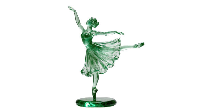 Elegant green translucent ballerina statue in a graceful classical ballet pose on a display base