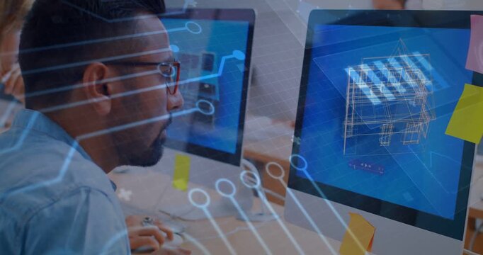 Vertical video: Sweeping overlay causing man in shirt using mouse and inspecting CAD house at desk