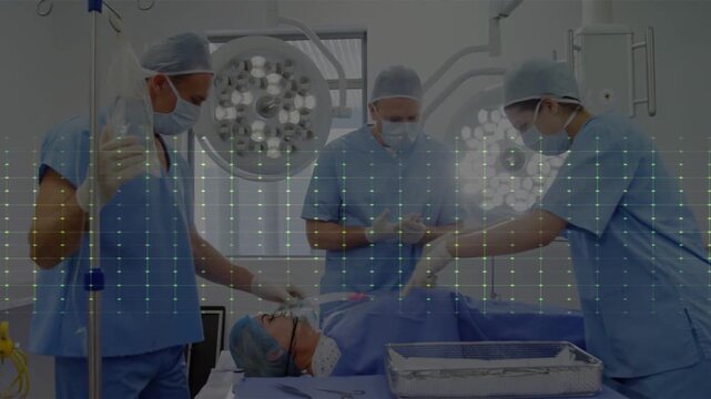 Surgical team rubbing gloves, adjusting airway, passing tools for surgery with ECG tracing pulse