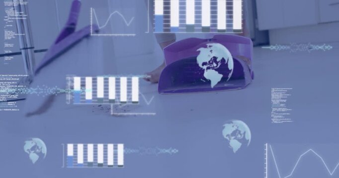 Vertical video: Sweeping woman with purple broom and dustpan in kitchen, nudging barefoot, overlays