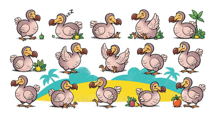 Cute Cartoon Dodo Bird Character Set with Various Actions © Gimhana