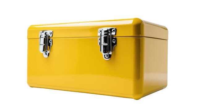 Vibrant yellow professional metal toolbox with two shiny chrome latches for secure storage