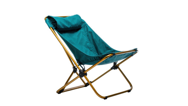 Portable teal camping chair with gold frame and headrest for outdoor relaxation