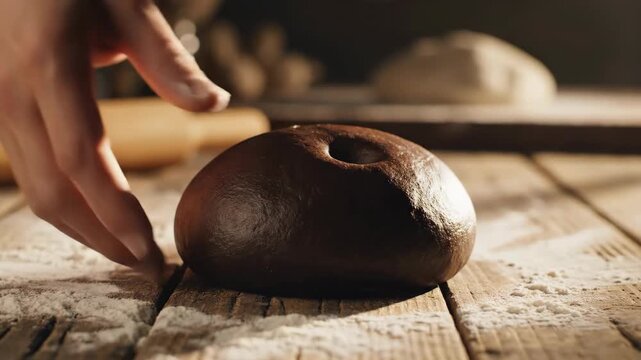 Hands are shaping and pressing dough on table. Different views show the process of making bread or pastry