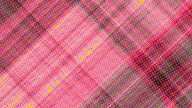 Pink and grey plaid fabric texture with yellow accents