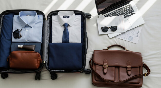 Open suitcase with clothing, laptop, and leather bag on a white surface, representing preparation and planning for travel or business trip