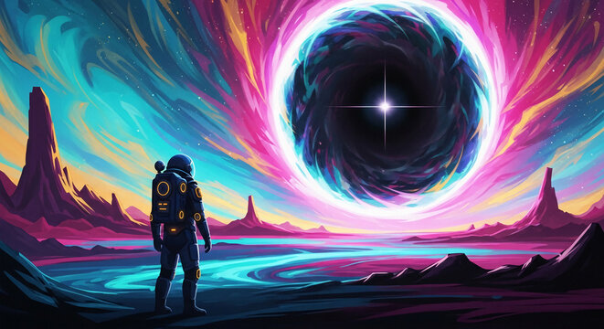 Illustration of astronaut gazing at black hole with swirling colors. It represents space exploration, cosmic phenomena and futuristic travel
