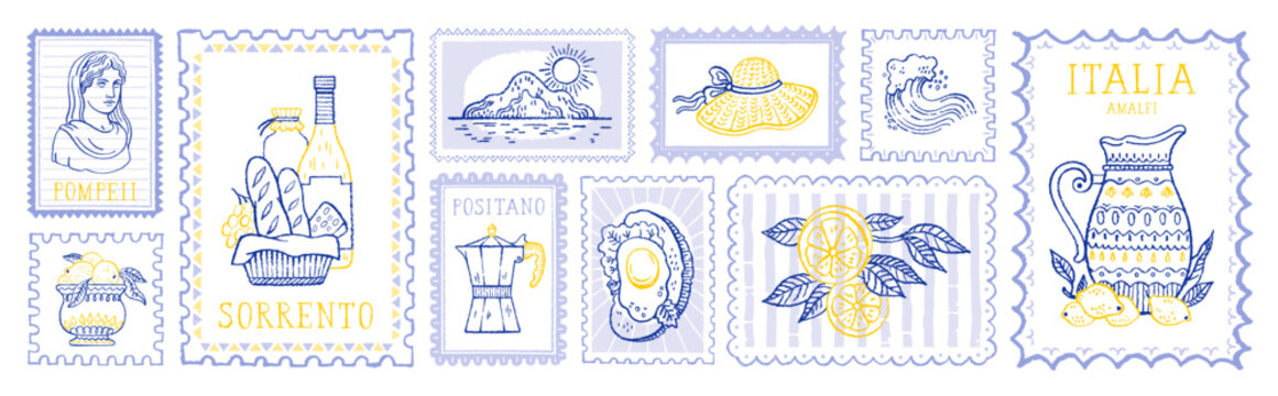 Stamp summer from Italy. Vintage Mediterranean Italian sea frame. Lemon, food, beach postcard. Italy vector postage. Amalfi poster stamp with brunch food, beach, statue lemon. Graphic coastal frame bg