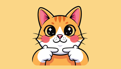 Obraz premium Cute orange tabby cat peeking with big eyes and paws on chin on yellow background