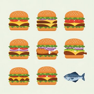 Burger food illustration with fish beside.
