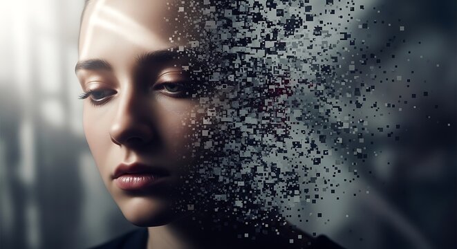 Surreal portrait of a woman with a pixelated face representing technology and human emotion with a blend of digital and real in a dark and moody