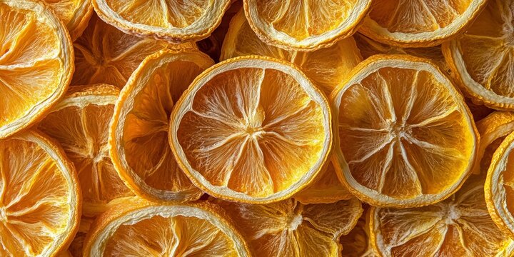 Vibrant Golden Mosaic of Dehydrated Citrus Rounds, Crystal-like Lemon Slices, Colorful Fruit Pile