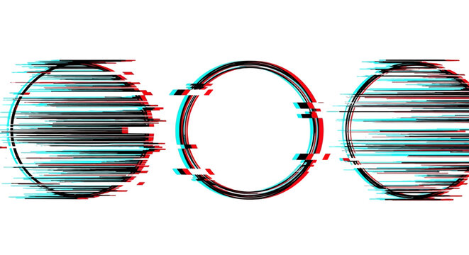 Glitchy circles overlap and intersect in distorted digital artwork