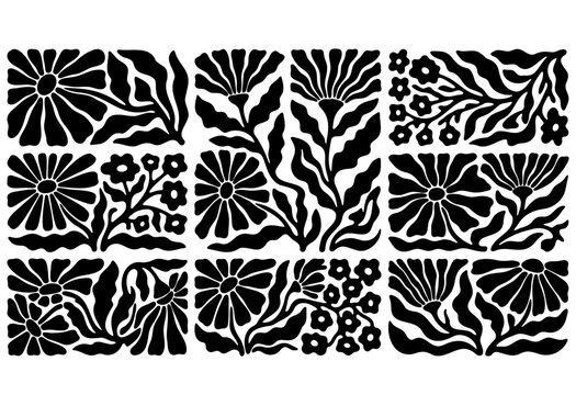 Abstract floral block print vector set with black leaves