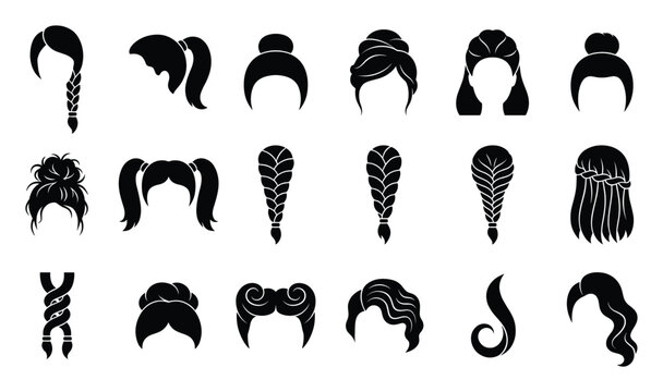 A diverse collection of various female hairstyles featuring braids ponytails buns and flowing hair ideal for beauty salon branding graphic resources and avatar creation.