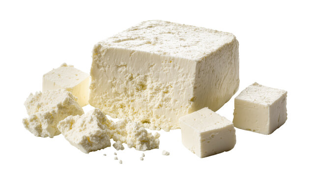 Delicious block of fresh white feta cheese, partly crumbled, with small cut cubes