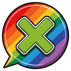 Obraz premium Rainbow speech bubble with green X symbol, communication, decision, or error icon