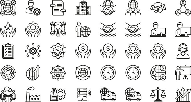 Global Business and Teamwork Line Icon Set with International Collaboration Finance Support Network Communication Logistics Partnership Strategy and Productivity Outline Symbols