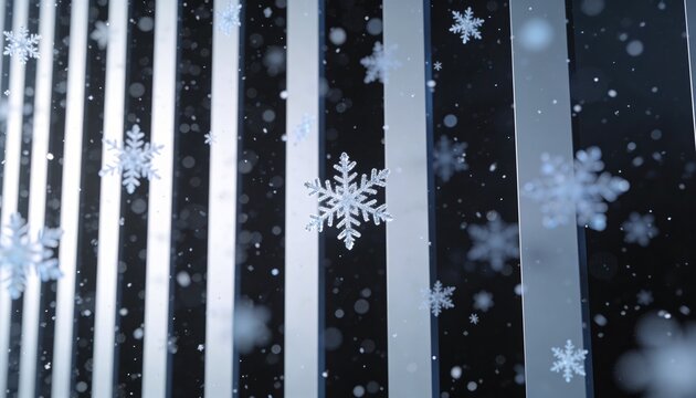 Floating detailed crystal snowflake centered, contrasting with vertical pale slats and bokeh