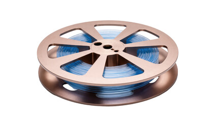 Obraz premium Classic bronze film reel filled with shiny blue transparent media for video projection