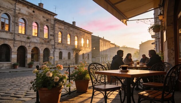 Chatting group of four adults sitting at street cafe wearing coats, with ceramic cup, copy space
