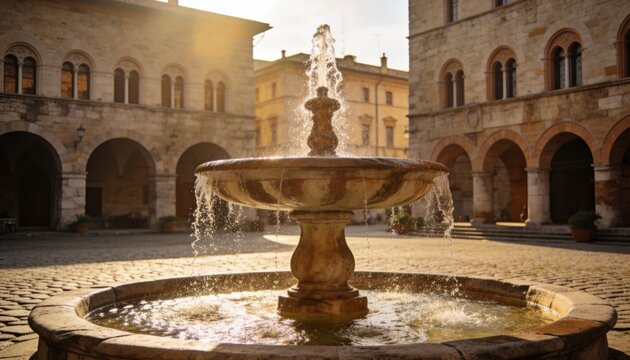 Spraying weathered stone two-tier fountain sending water cascading in cobbled plaza, sunlit arcades